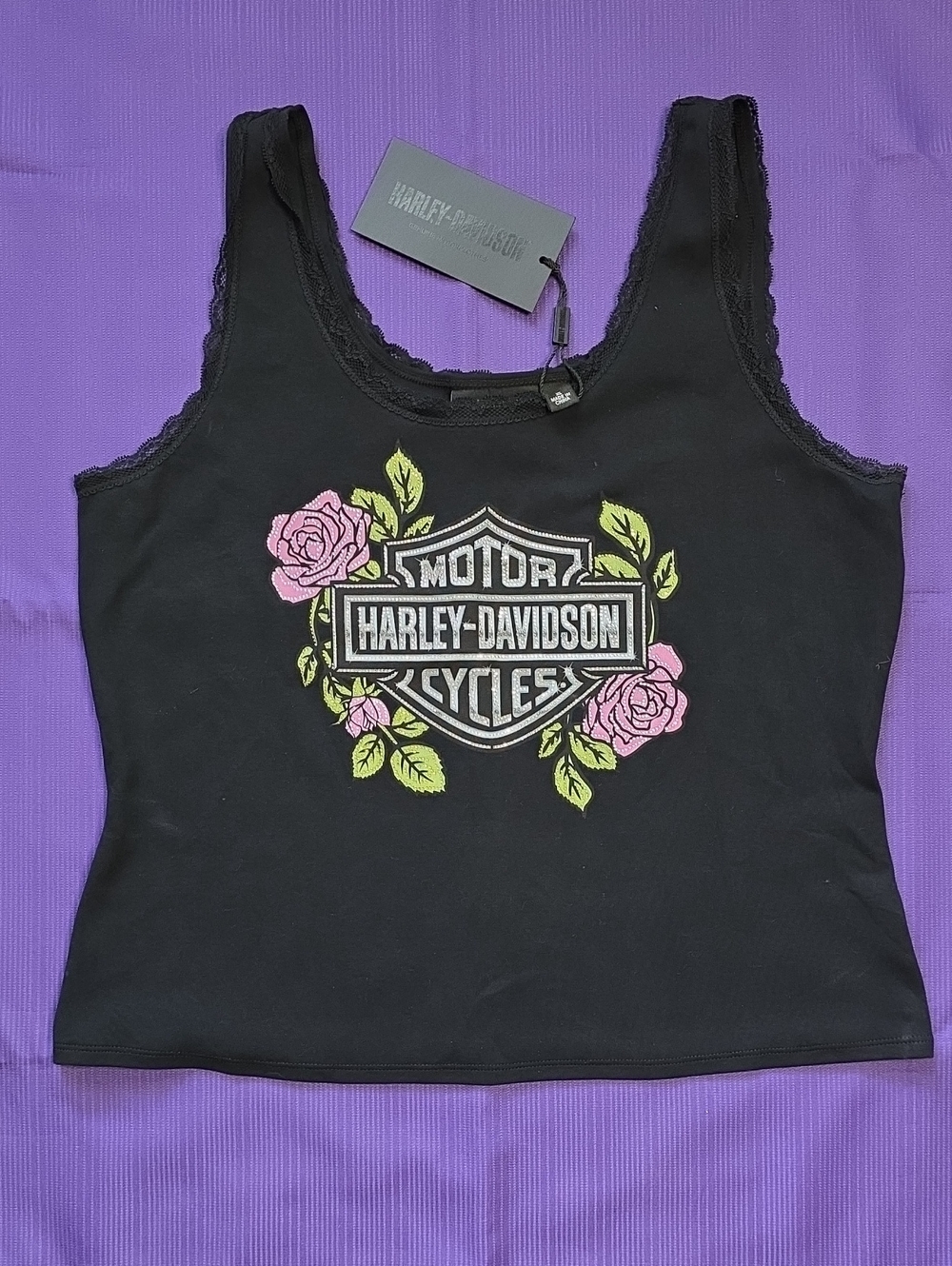 Harley-Davidson Black Tank Top with Bling Pink Rose Logo NWT
